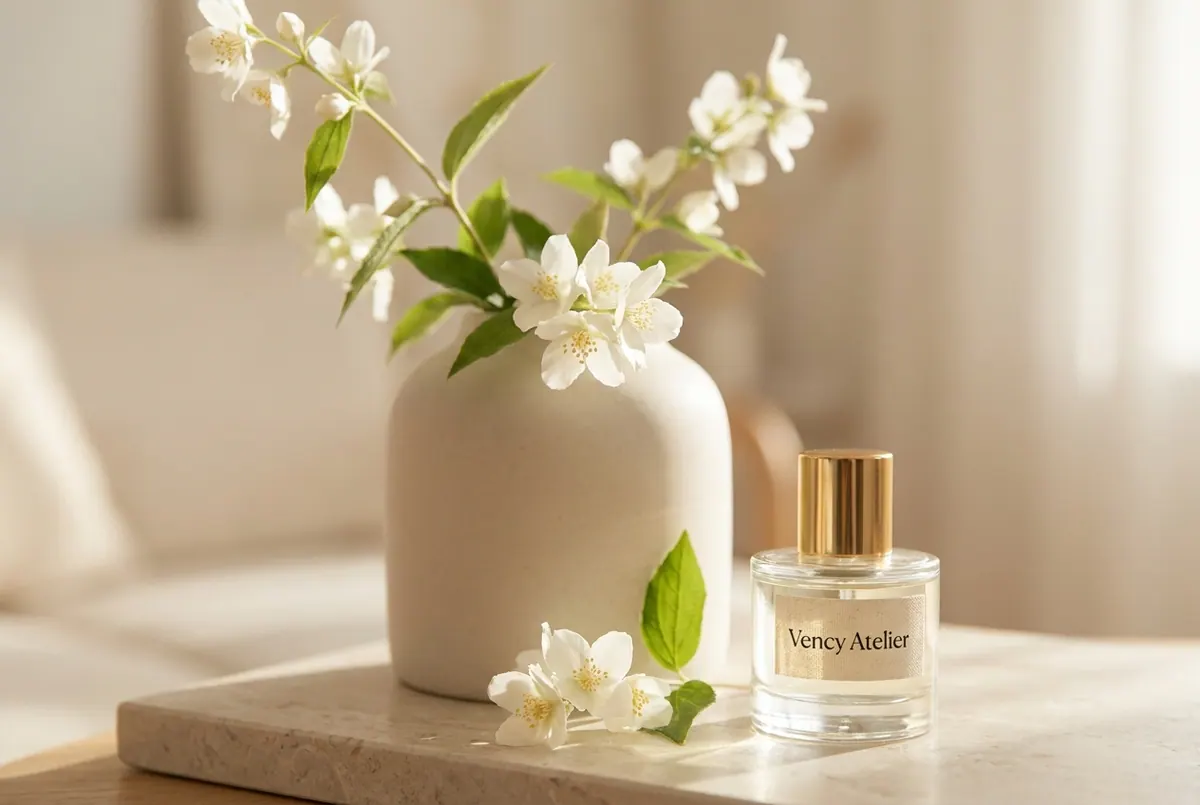 Frasco de Vency Atelier junto a flores de jazmín blanco sobre madera natural